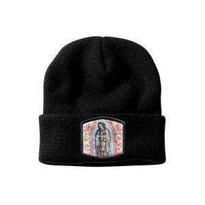 SO Winter Knit Beanie, Virgen de Guadalupe Embroidered Patch, Shiny Metallic Cap